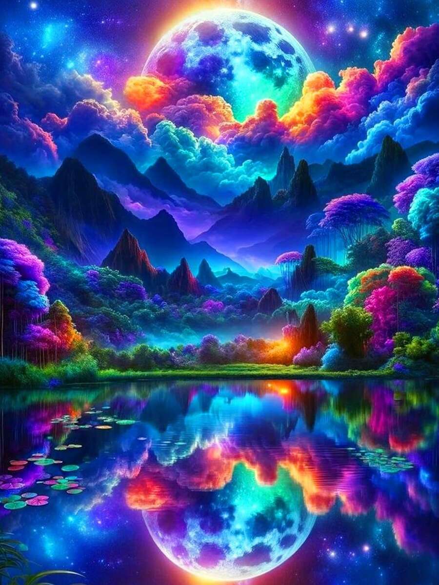 1件套月亮钻石画艺术套装，抽象山脉钻石画，适合初学者，全钻圆形宝石艺术画，手工家居墙面装饰礼品，无框，多种尺寸可选