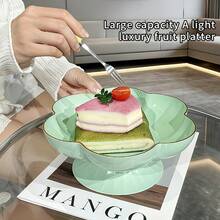 1pc Elegante bandeja de frutas con borde dorado y diseño floral - Plato de servicio de plástico duradero de gran capacidad para la hora del té, fiestas y decoración del hogar - Perfecto para pasteles, postres y bocadillos - Regalo ideal para bodas, inauguración de casas, Navidad - Crema - Ver 7