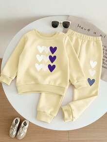 两件套女童长袖印花卫衣和运动裤套装，时尚可爱卡通设计，秋冬季 - 杏色 - 查看 1