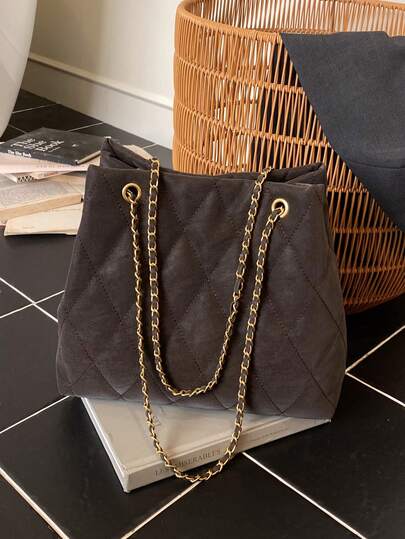 Large Capacity Fashion Tote Bag, Padded, Embroidered Quilted, Soft, Winter Chain Strap Shoulder Crossbody Bag For Women