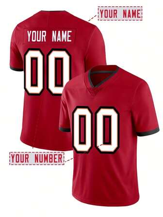 Anpassat namn och nummer herr broderad amerikansk fotbollströja Tampa Bay röd V-ringad personlig kortärmad skjorta festmatch träning tävling sporttröja gör-det-själv S-XXL