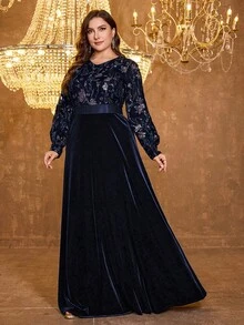 XUIBOL فستان سهرة طويل الأكمام بياقة على شكل حرف V من القطيفة المرصع بالترتر، مقاس كبير، فستان رسمي للسهرات، فستان حفلة، فستان ضيف الزفاف، فستان سهرة - أزرق بحري - مشاهدة 4