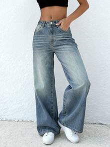 Quần jeans ống đứng dáng suông rộng cổ điển dành cho nữ - Màu xanh hải quân - Xem 2