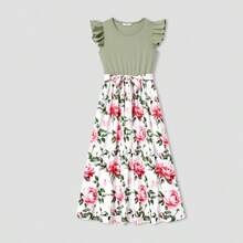 Matching Family Raglan-Sleeve T-Shirt And Flutter Shoulder Floral Dress Sets - Army Green - View 3