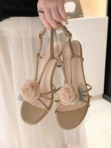 Sandalias mujeres zapatos de flores retro franceses con camelia en los tacones finos con hada suave tacones de gato, Sandalias de tacón para mujer - Albaricoque - Ver 5