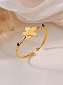 优雅花卉不锈钢手镯，18K镀金可调节开口手镯，女士金色婚礼首饰，节日派对配饰，送给她/妈妈/闺蜜的礼物 - 不銹鋼 - 查看 19