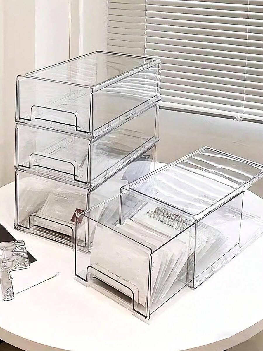 1pc Drawer Style Face Mask Storage Box, Transparent Dust-Proof Desktop Storage Box, Large Capacity Acrylic Cosmetic Storage Box, Vanity Desktop Storage Box, Bathroom Desktop Organizer Rack, Stackable Sunflower Design, Thick Transparent PET Material, Multi-Functional Accessory, Face Mask, Lipstick Storage Box, Student Stationery Storage Box - Transparent - View 1