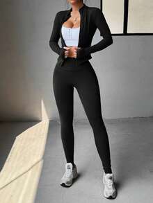 Aoqta 女士两件套运动服，纯色拉链长袖外套搭配修身瑜伽裤，适合户外运动健身，例如跑步等，春夏款。 - 黑色 - 查看 3