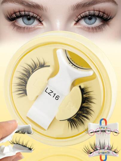 1 Pair Reusable Magnetic Eyelashes + 1 Eyelash Curler, Extended Winged Style 3D Faux Mink Lashes, Glue-Free For Daily And Work Use