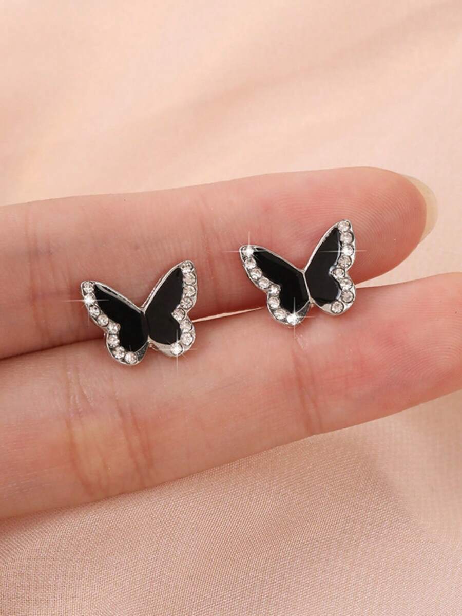 1 Pair S925 Sterling Silver Cute & Sweet Butterfly Stud Earrings, Fashionable & Versatile Minimalist Design Luxury Earrings For Women - Black - View 1