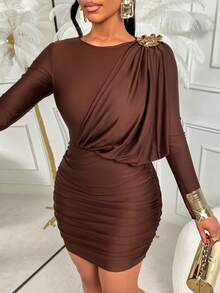 Amarilo Women's Autumn Winter Sexy Date Party Round Neck Swing Collar Metal Buckle Waist Mini Dress - Coffee - View 3