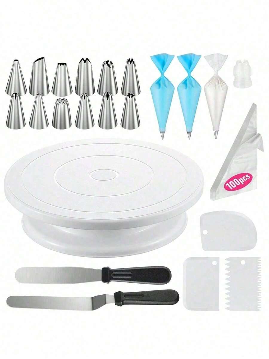 121PCS Cake Decorating Supply Kit With Rotating Cake Stand Turntable, 12 Numbered Frosting Pipe Heads, 2 Scrapers, 3 Frosting Comb Scrapers, 100+2 Pipe Bags, And 1 Coupler For Baking - 彩色 - 查看 1