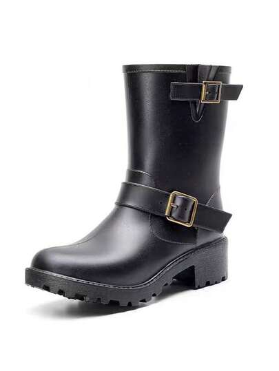 女士中筒增高雨靴，西部牛仔摩托车涉水鞋，侧扣时尚雨靴，适合雨季、户外活动、徒步、骑行、钓鱼、园艺等。