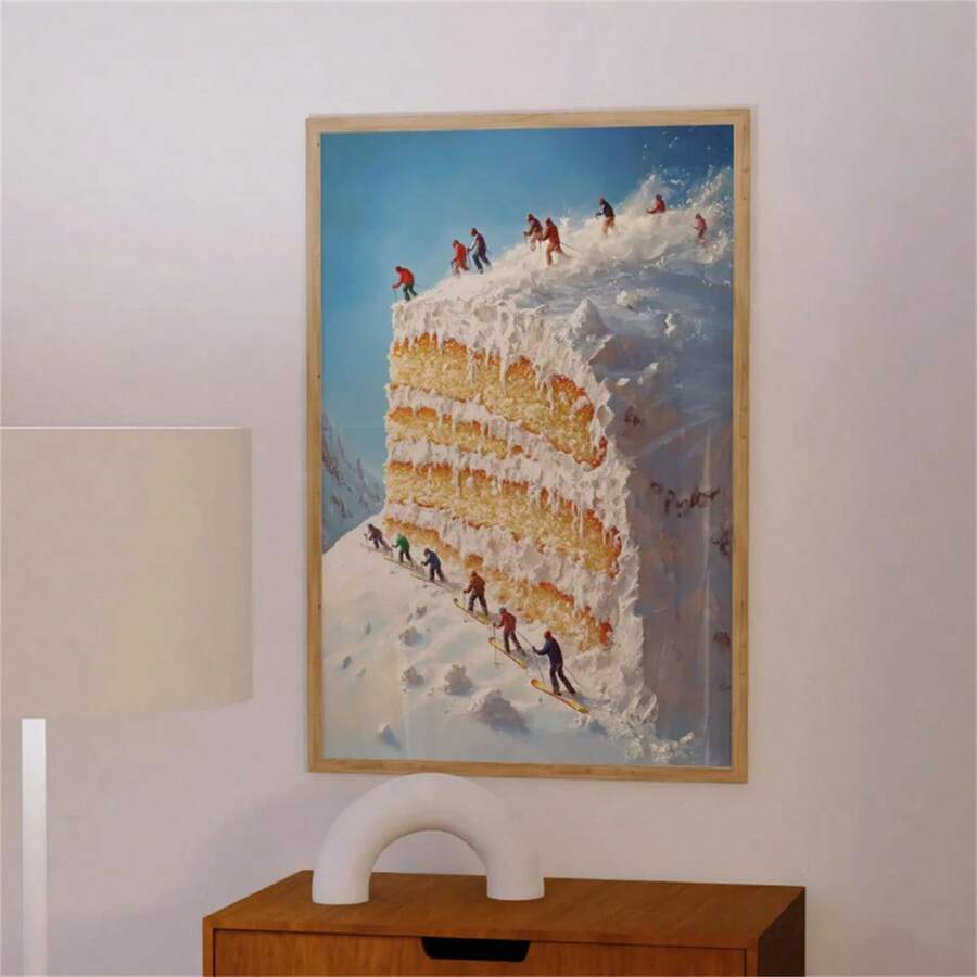 1 Stück Retro Funky Après-Ski Wandkunst Mini Skifahrer auf frostiger Kuchen Muster gemütliche Skihütte Dekoration Vintage Bar Wagen Kunst Winter Wandkunst minimalistisches Wohndekoration, Wanddekoration, moderne minimalistische Stil Poster, Wohnzimmer und Raumdekoration, Badezimmerdekoration, ideales Geschenk, ohne Rahmen