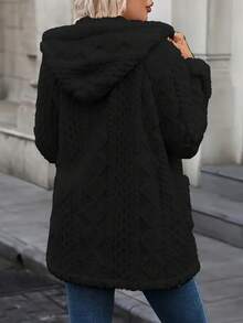 Women's Comfortable Faux Fur Winter Jacket, Front Button And Pocket - Long Casual Style, Solid Color, Button Design, Suitable For Cold Weather, Winter Casual Wear | Button Jacket | Durable Jacket, Women's Winter Clothing, Women's Jacket, Women's Winter Jacket, Women's Fleece Jacket - 黑色 - 查看 2