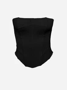 Apperloth A Áo corset mùa hè dáng ngắn, gợi cảm, bất đối xứng, đường viền cong, có khoen cài, dây buộc phía sau, hở lưng, áo ống định hình dáng người, thích hợp cho kỳ nghỉ, lễ hội âm nhạc, màu đen. - màu đen - Xem 7