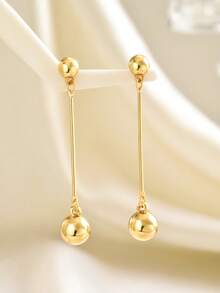 1 Pair Fashionable Versatile Personalized Golden Double Ball Long Earrings, Suitable For Daily Wear For Women - Gold - View 4