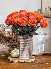 7pcs/Set Realistic Flame Rose, Lifelike Flowers, Orange, 7 Rose Bouquet, Suitable For Mother's Day Decor, Wedding Season, Graduation, Gifts, Candlelight Dinner Decor, Tabletop Decor, Centerpiece, Plastic Flowers, School Dorm Office Decor, Outdoor Party, Holiday Birthday Party Decor, Home Entrance, Hotel Restaurant, Living Room, Bedroom, Wedding Party, Kitchen Garden Decor, Valentine's Day Decor, Easter, Spring/Summer Decor, Seasonal Decor