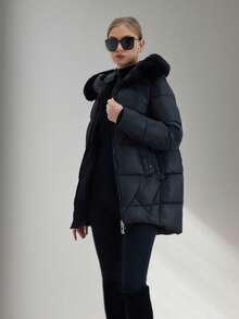 Áo khoác dài nữ, ấm áp cho mùa đông, kiểu dáng ôm sát có mũ trùm đầu bằng lông nhân tạo - màu đen - Xem 2