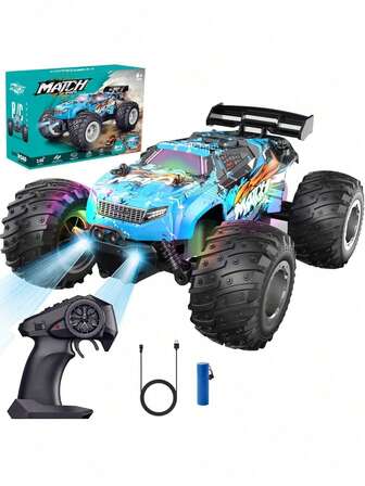 1 件 1:18 比例 2WD RC 全地形遥控卡车，最高速度 22 公里/小时，2.4GHz，适合男孩遥控越野赛车玩具，耐用 PVC 外壳，2 速控制，带彩色 LED 灯和可充电电池，是儿童和初学者的理想礼物，适合万圣节、圣诞节