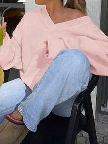 Live To Mo 女士冬季毛衣，女士休闲V领针织套头衫，粉色毛衣上衣，适合外出、约会、日常通勤、新年、圣诞节等场合穿着。