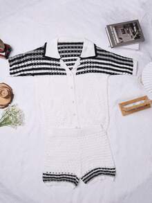 Yuwenier 2pcs/Set Striped Pattern Button Short Sleeve Shirt Knit Top Cardigan And Knit Shorts Women Beach Outfit