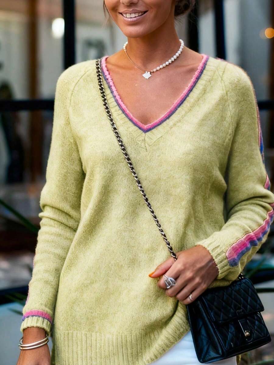 Women's Autumn And Winter Thick Casual Fashion Contrast Color Edge V-Neck Wool Pullover,Long Sleeve Tops - Mustard Yellow - View 1