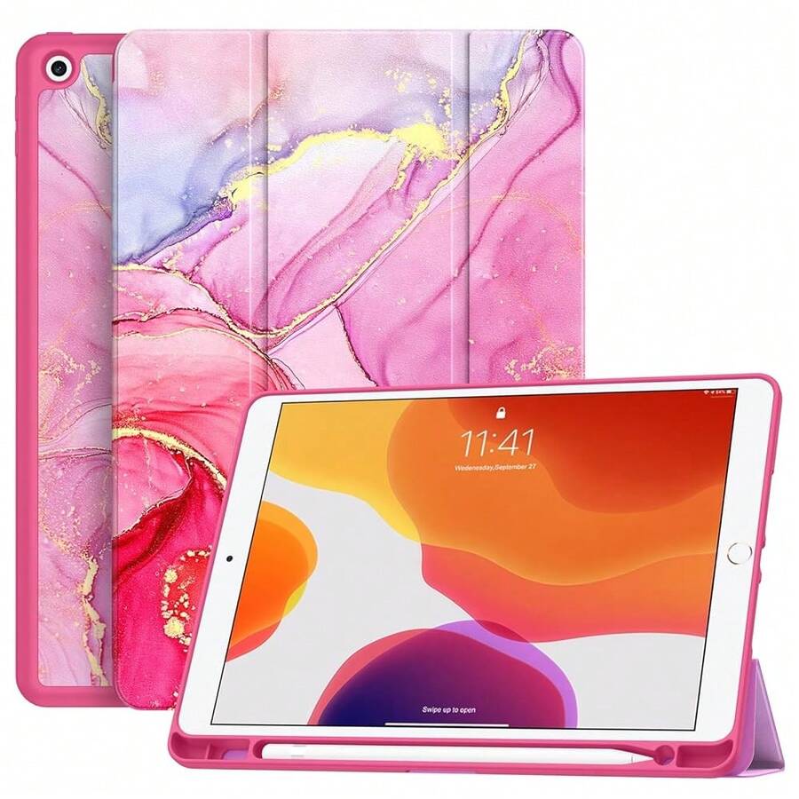 Case For IPad 9th Generation 2021/8th Gen 2020/7th Gen 2019 With Pencil Holder - Premium Shockproof Case With Soft TPU Back Cover & Auto Sleep/Wake For IPad 10.2 Inch, Hot Pink Marble,P-HotPinkMarble - P-熱粉紅大理石 - 查看 1