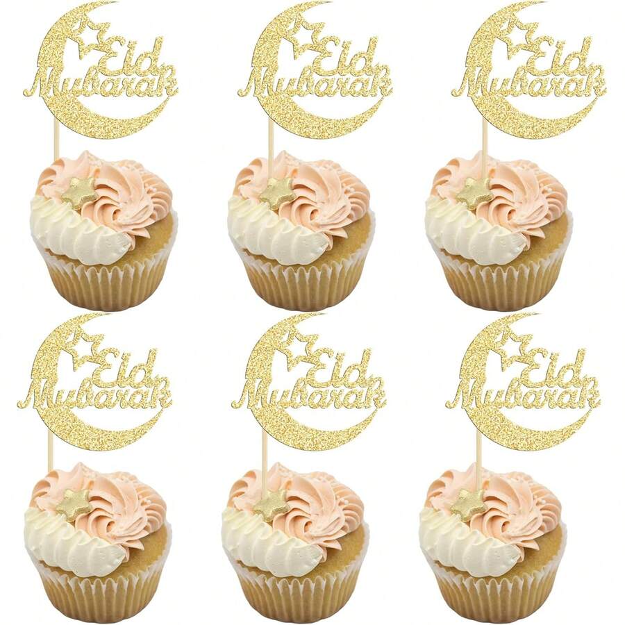 12个金色闪光开斋节快乐纸杯蛋糕装饰月亮图案开斋节快乐斋月节蛋糕装饰伊斯兰穆斯林派对用品装饰 - 金色 - 查看 1
