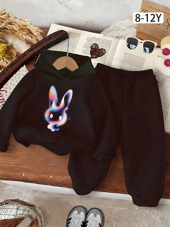 2 Pieces/Set Teen Girls Autumn And Winter Sports Fashion Rabbit Print Hooded Long Sleeve Sweatshirt + Black Leggings Set