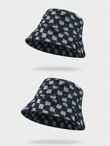 1pc New Arrival Fashionable Minimalist Checkerboard Pattern Wide Brim Camping Fishing Sun Hat, Stylish Korean Chic All-Season Casual Versatile Bucket Hat, Blue - Multicolor - View 13