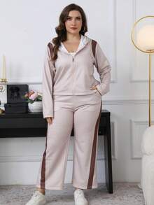 Plus Size Casual Knitted Fabric Sweatpants Set For Women Long Sleeve Zipper Top And Long Bottom Co-Ord Outfit - Aprikos - Visa 2
