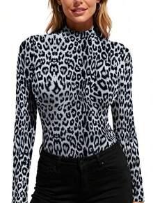 Blusa de cuello alto de manga larga con estampado de leopardo para mujer, suéter ajustado, capa base de alta elasticidad, camiseta regular - Multicolor - Ver 2
