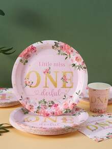 100/25/10pcs Pink Floral Happy Birthday Disposable Plates, Napkins, Cups, Suitable For 1st Birthday Floral Theme Party Supplies, Serves 25 Guests, Disposable Paper Plates Party Tableware For Birthday, Wedding, Party, Family Picnic - Multicolor - View 3