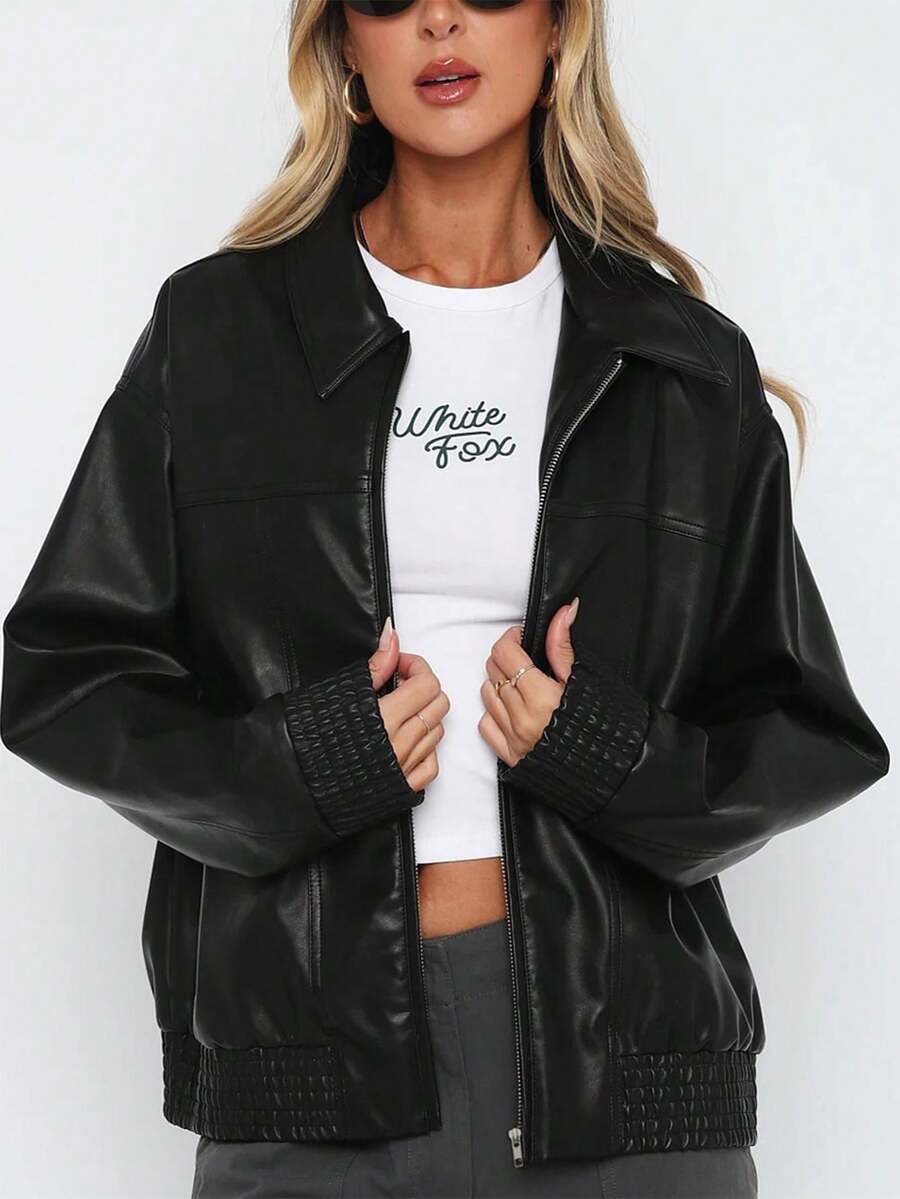 جاكيت بيسبول جلد PU صغيرة الحجم عصرية، معطف سحاب طويل الأكمام - الأسود - مشاهدة 1