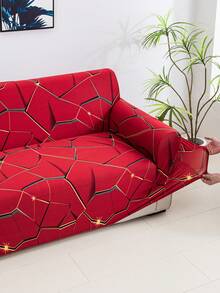 1件红色几何图案弹力全罩沙发套，现代风格涤纶面料，可机洗，四季皆宜 - 紅色 - 查看 2