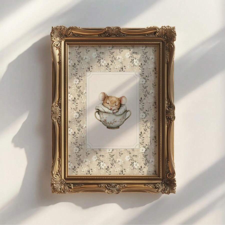 1幅无框田园风老鼠艺术画，睡鼠茶杯画，复古啮齿动物插画，奇趣动物墙饰，乡村风海报，自然灵感家居装饰，卧室墙画，农舍美学，送给动物爱好者的生日礼物，宿舍装饰，无框儿童房装饰画，森林动物艺术，茶主题装饰，复古风格画作，温馨家居装饰礼物 - 彩色 - 查看 1