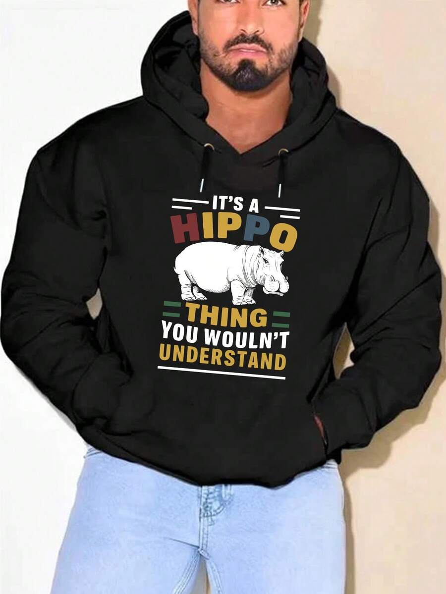 Men'S Funny Hippo Graphic Hoodie Sweatshirt With "It'S A Hippo Thing" Slogan & Hippo Face Design - 200gsm Heavyweight Polyester, Slight Stretch, All-Season Plush Knit Fabric, Plus Size Casual Pullover For Casual Attire, Parties & Outdoor Activities (Humorous Animal Sweater For Men & Teens), High Quality Plus Size Hoodies For Men, Plus Size Long Sleeve Hoodies For Men Urban Black Hoodie, Breathable Sweatshirt For Men, Building Site Approved Hoodie, Lightweight Regular Fit With No Air - Mặc định - Xem 1