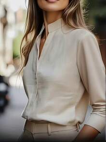 简约通勤米色衬衫，立领设计，长袖修身优雅上衣 - 米色 - 查看 1