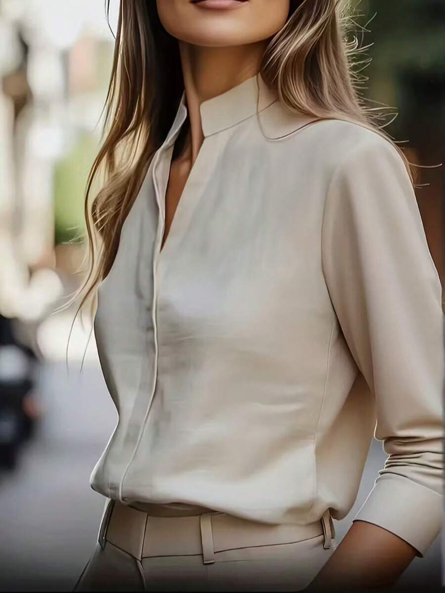 简约通勤米色衬衫，立领设计，长袖修身优雅上衣 - 米色 - 查看 1