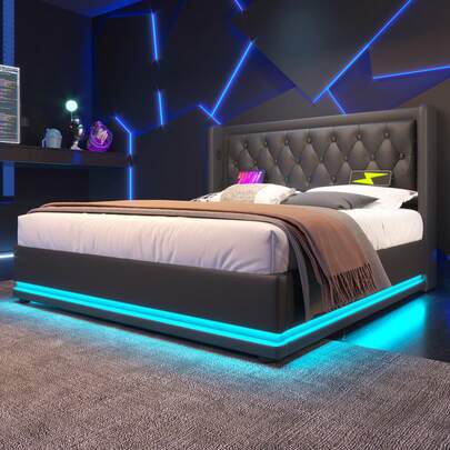 Polsterbett Doppelbett 160*200 Cm,Schwarz PU-Material Hydraulisches Stauraumbett, Gepolstertes Kopfteil Mit USB Typ-C Ladefunktion, 3-Seitige LED-Funktion(Ohne Matratze)