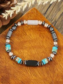 1pc Men's Casual Volcanic Stone & Turquoise Asymmetrical Beaded Bracelet, Suitable For Daily Outfit, Jewelry Gift, Father-Son Matching - Multicolor - View 16