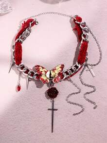 1 chiếc vòng cổ choker tua rua hình bướm, mắt quỷ, hoa hồng đỏ và thánh giá phong cách Gothic cổ điển mùa thu/đông, quà tặng ngày lễ cho nữ, trang sức dự tiệc, phụ kiện thời trang. - Nhiều màu - Xem 3