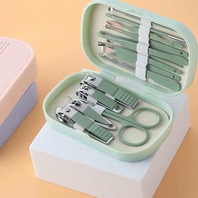 Bộ dụng cụ làm móng tay và móng chân đa màu sắc unisex, kìm cắt móng bằng thép không gỉ, bộ dụng cụ chăm sóc cá nhân chuyên nghiệp 8 trong 1 bền chắc, di động, bao gồm kìm cắt móng chân cầm tay, dụng cụ tỉa lông mày, dụng cụ lấy ráy tai, kèm hộp đựng bằng da màu xanh lá cây, xanh dương, hồng.