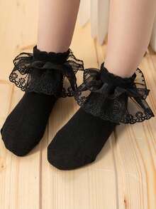 1 Pair Girls Solid Color Lace Trim Socks, Princess Style Short Socks, Suitable For Toddler-Big Kid - Black - View 9