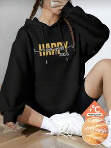 Sudadera negra informal para mujer con cordón ajustable, bolsillo, manga larga y hombros caídos, de punto, con estampado de Feliz Año Nuevo 2026. - Negro - Ver 1