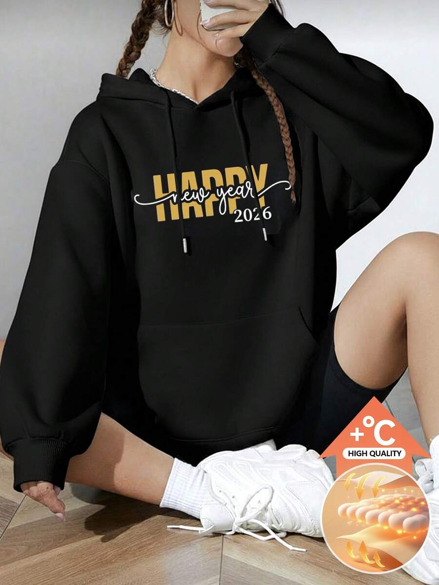 Sudadera negra informal para mujer con cordón ajustable, bolsillo, manga larga y hombros caídos, de punto, con estampado de Feliz Año Nuevo 2026. - Negro - Ver 1