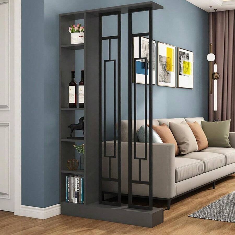 Wall Room Divider, Modern Freestanding Wood Room Divider Screen With Shelf & Cabinet Storage For Living Room,Office, Bedroom (Grey+Black, 31.5" L X 9.5" W X 79.5" H) - Xám + đen - Xem 1