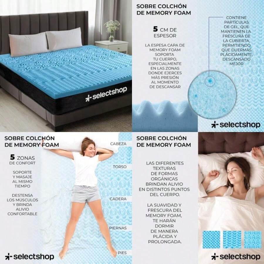 SELECTSHOP SobreColchon  Memory Foam Colchoneta Sobrecolchon De Espuma Sobrecama Super Suave con 5 Zonas de Confort Cubrecolchon Prolonga La Vida de tu Colchón Sobrecolchon De Gel HG18C11(Individual) - Multicolor - Ver 1