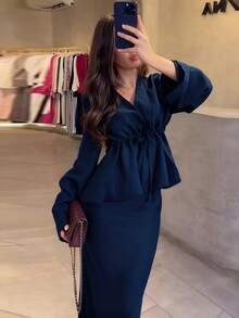 2pcs/Set Elegant Drawstring Waist Ruffle Hem Top And Long Skirt Suit - Autumn Women's 2 Pieces Set, Elegant & Fashionable, Coffee Brown, Winter Clothing, Christmas Outfit, New Year Outfit, Elegant Party Set, Elegant Ladies Suit, Casual Wear, Resort Wear, Summer Resort Wear, Navy Blue - Navy Blue - View 1